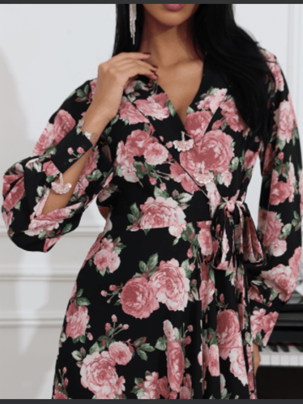 Floral Wrap Robe - Black and Pink 28